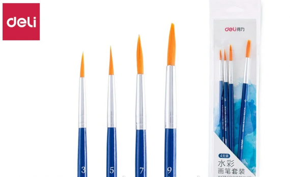 Кисти DELI для акварели, нейлон, 4 штуки в уп., №3, 5, 7, 9 арт. 73867