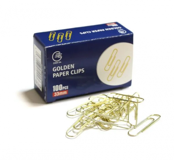 Скрепки 33мм Zhenda 100 шт-уп, золото, 100333