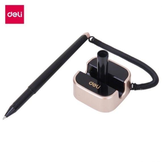 Ручка на подставке Deli на цепочке, черный корпус, синяя 6797