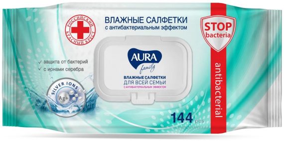 Салфетки влажные Aura Family, антибактериальные с крышкой 144 шт-упак